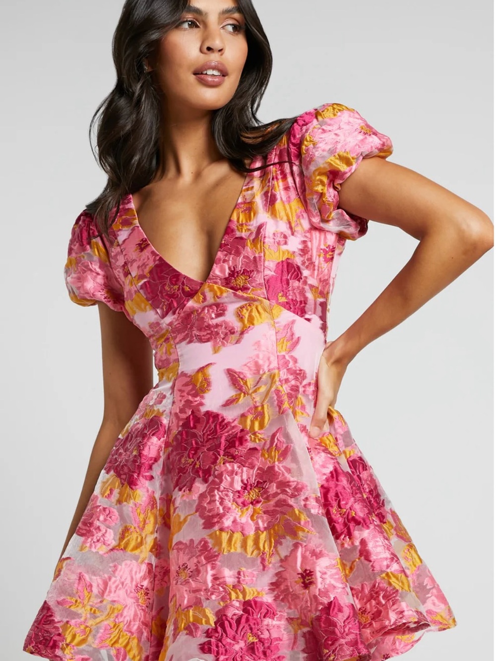 Brailey Jacquard Mini Dress Pink Floral Puff Sleeve Fit & Flare Size 10